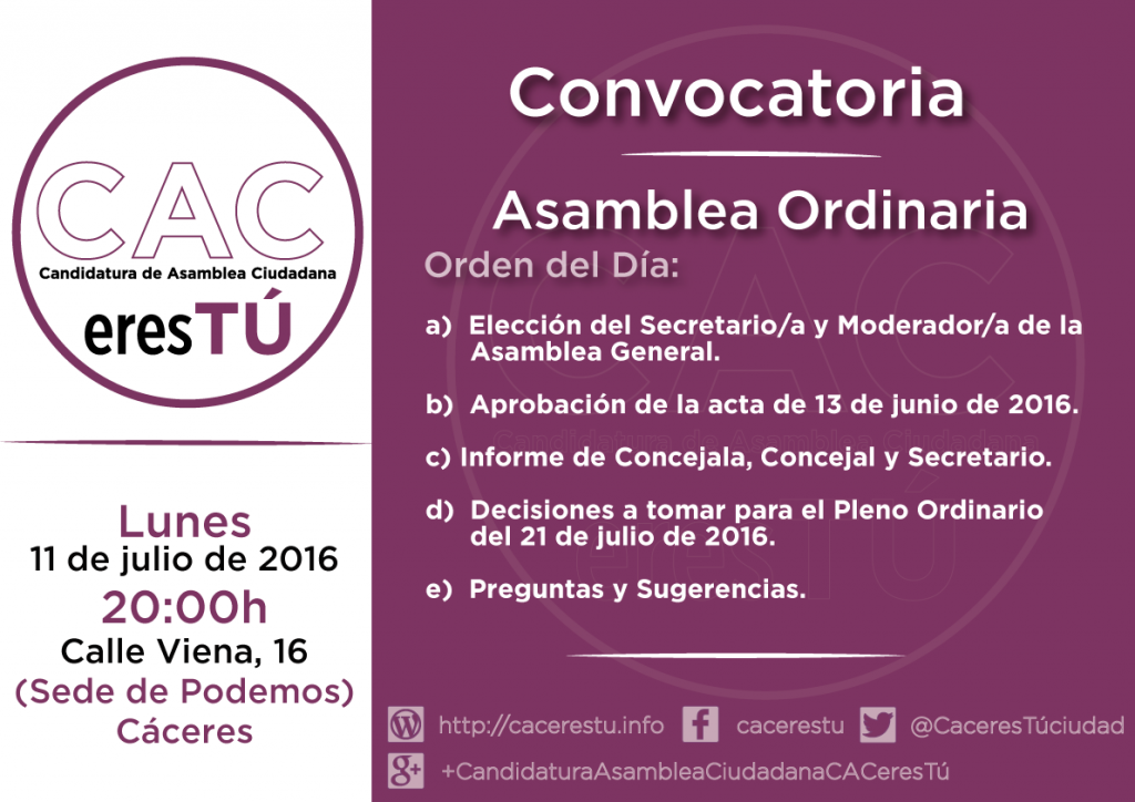 Cartel Asamblea Ordinaria de 11 de Julio de 2016