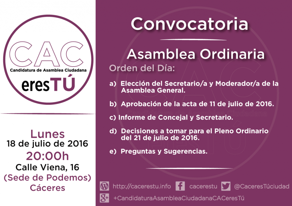 Convocatoria de Asamblea Ordinaria de 18 de julio de 2016