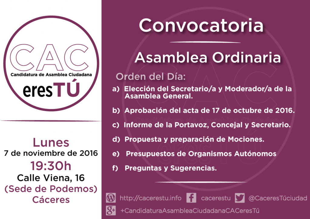 Asamblea de CACeresTú 7 de noviembre de 2016
