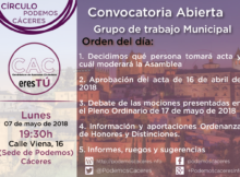 Cartel de la Asamblea de 7 de mayo de 2018 del Grupo Municipal CACerseTú
