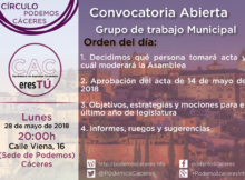 Asamblea de grupo municipal CACeresTú de 28 de mayo de 2018