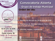 Cartel Asamblea CACeresTú de 2 de julio de 2018