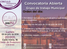 Cartel Asamblea de CACeresTtú de 9 de julio de 2018