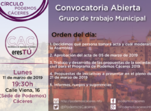 Cartel de asamblea de CACeresTú de 11 de marzo de 2019