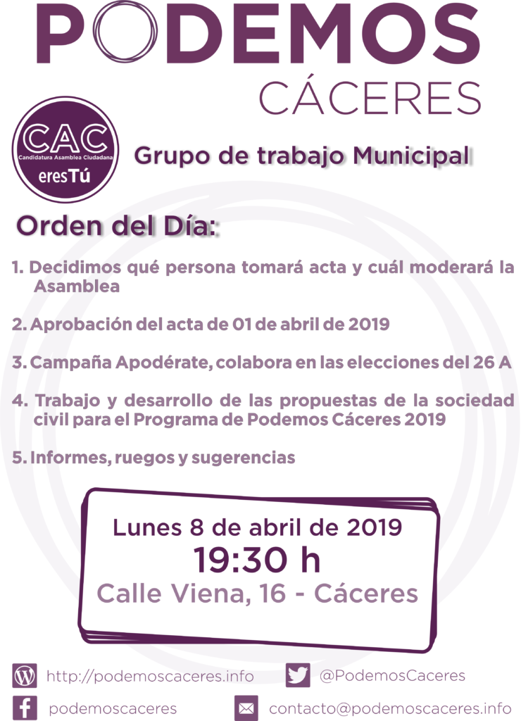 cartel de grupo municipal de asamblea de 08 de abril de 2019